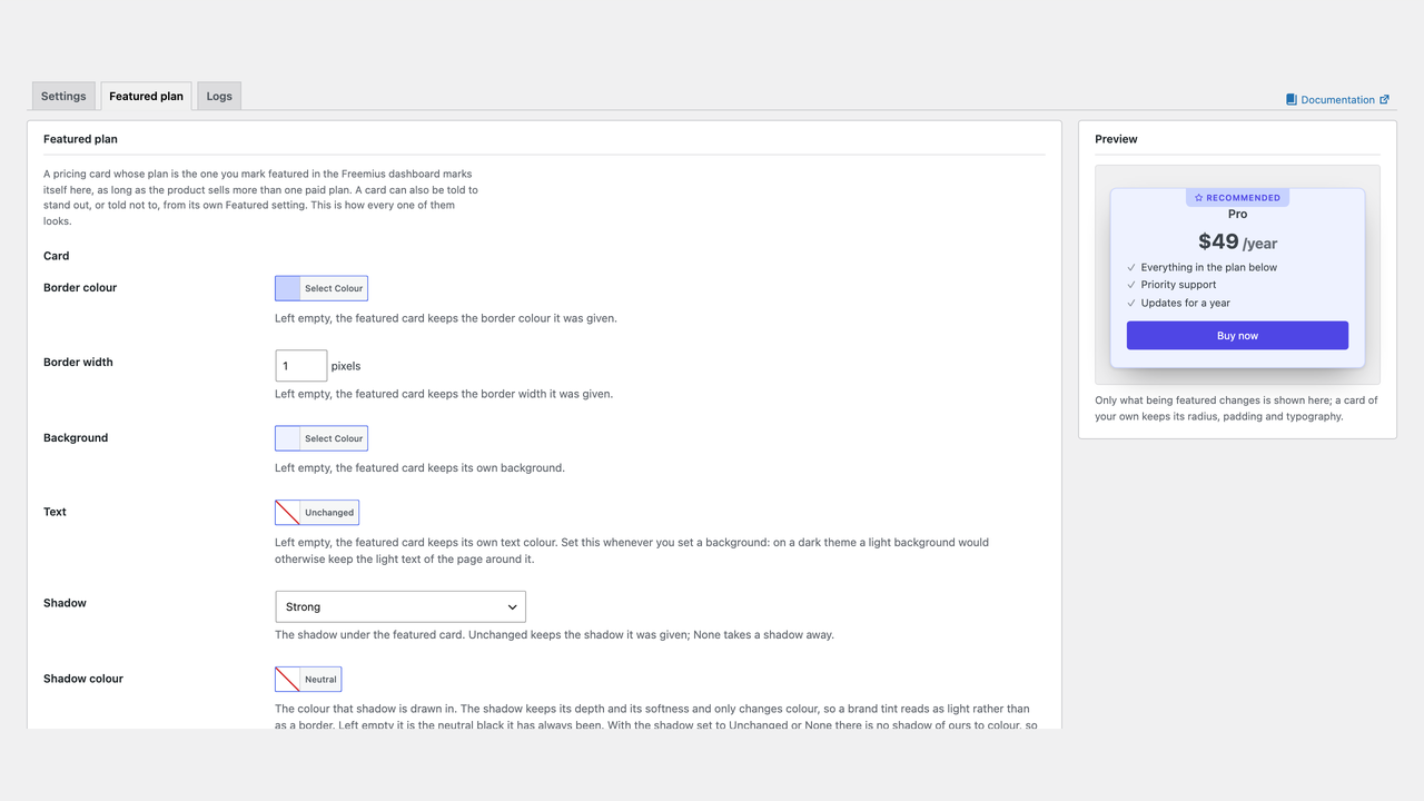 live-pricing-for-freemius-the-featured-plan-tab The Featured plan tab on the Settings screen: the card controls with a live preview of the featured card beside them