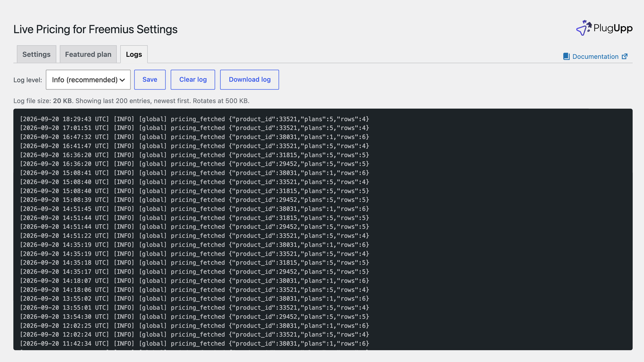 live-freemius-pricing-the-logs-tab The Logs tab, showing fetches and webhook deliveries
