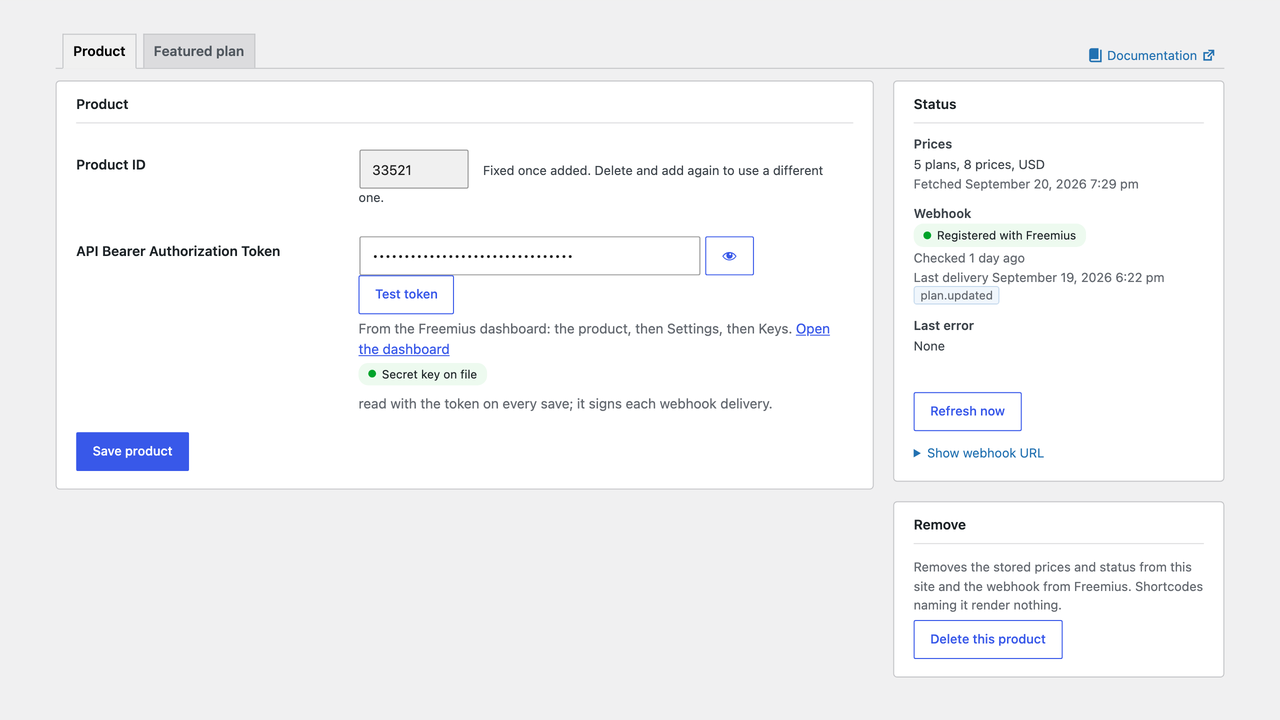 live-freemius-pricing-a-products-own-screen A product's own screen: the API Bearer Authorization Token with its Test button and the secret key on file