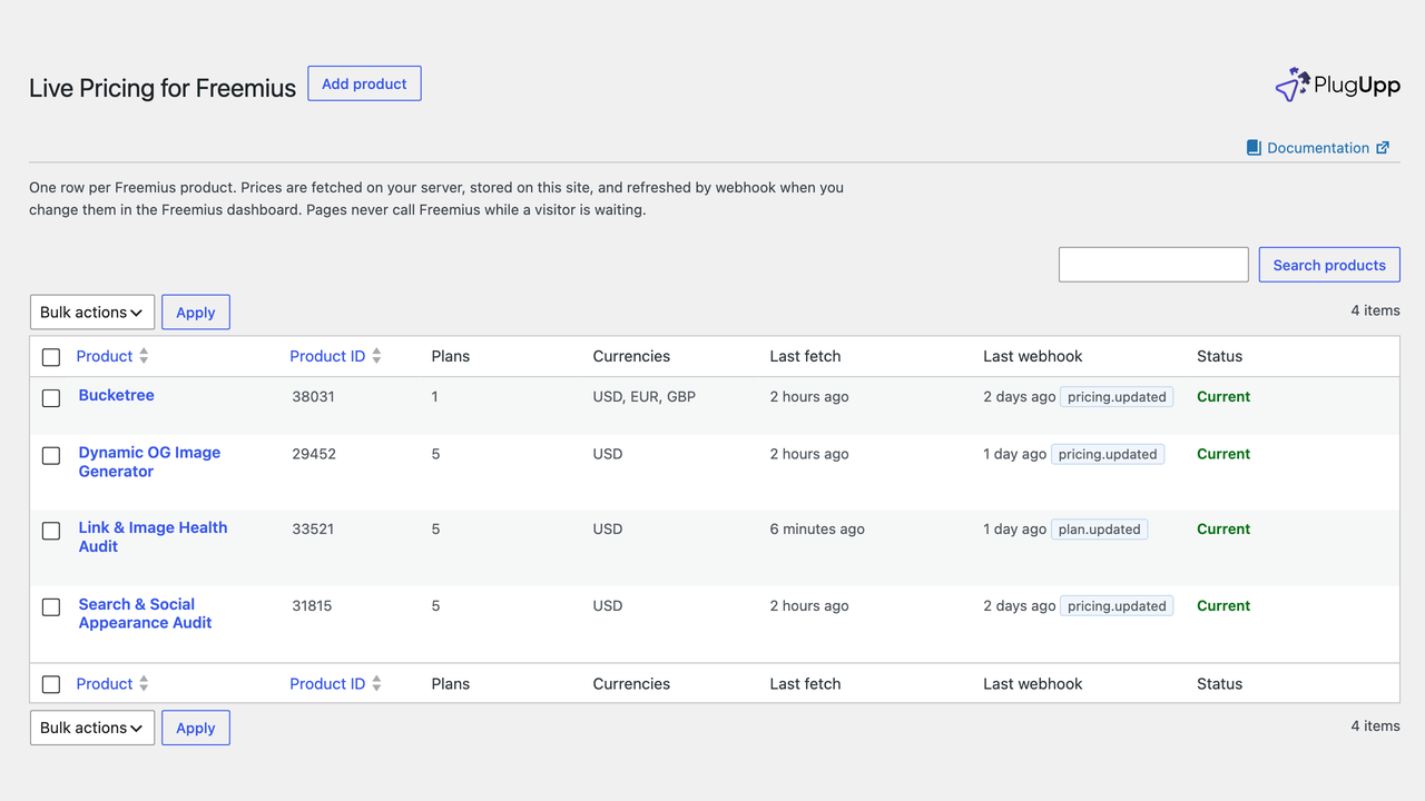 live-freemius-pricing-the-products-screen The Products screen: every configured product with its plans, currencies, last fetch, last webhook and status