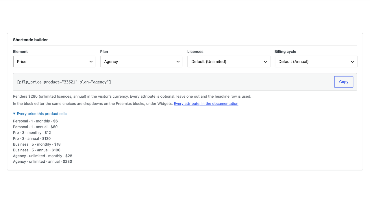 live-freemius-pricing-the-shortcodes-section The Shortcodes section: the shortest working form of each shortcode, then every plan and pricing row with a ready-made price shortcode and button shortcode